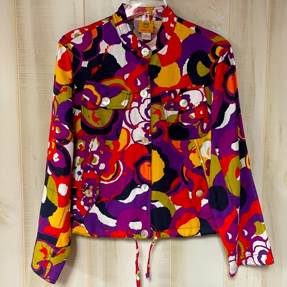 Ruby Rd Purple Red Orange Abstract Design Linen Blend Button Front Jacket Sz 12 - Picture 1 of 8